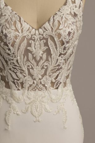 Galina Signature Illusion Lace Bodice Crepe Tank Wedding Dress in Ivory/Cocoa Size: 30W David's Bridal