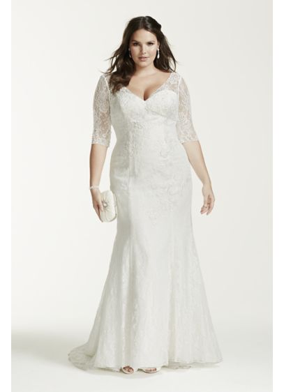 3 4 Sleeve V Neck Lace Trumpet Wedding Dress David S Bridal