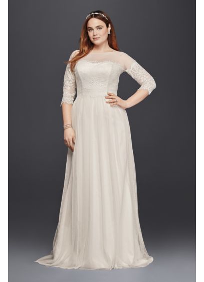  Plus  Size  Tulle Wedding  Dress  with Sheer Sleeves  David s 