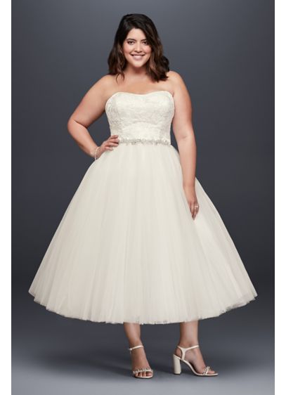 Tulle Appliqued Tea Length Plus Size Wedding Dress David Tulle Appliqued Tea Length Plus Size Wedding Dress David