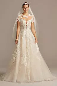 Appliqued Cap Sleeve Tulle Ball Gown Wedding Dress