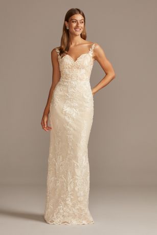 lace sheath wedding dress with removable overskirt