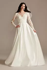 Oleg Cassini Long Sleeve Satin Applique Wedding Dress