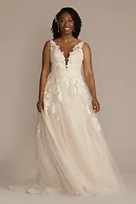 Illusion Button Back Lace Applique Wedding Gown
