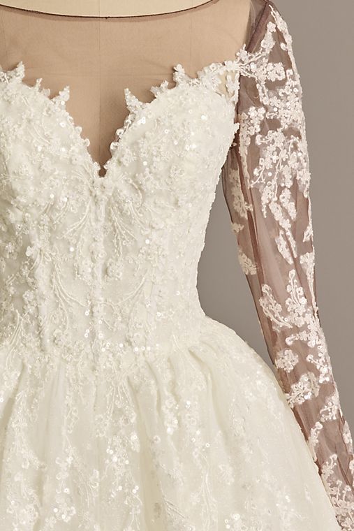 Oleg Cassini Lace Appliqued Illusion Long Sleeve Wedding Dress