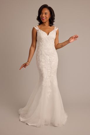 Oleg Cassini Tulle Illusion Cap Sleeve Mermaid Wedding Dress