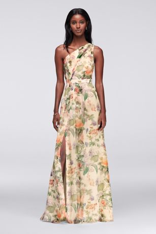 david's bridal long one shoulder crinkle chiffon dress