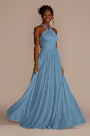 Celebrate DB Studio High-Neck Mesh Dress With Full Skirt in Lake Size: 6 David's Bridal
