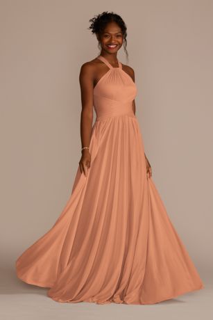 Picture of Celebrate DB Studio High-Neck Mesh Bridesmaid Dress With Full Skirt in Terracotta Size: 18 David's Bridal