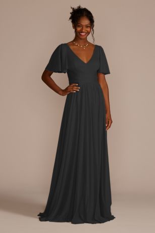 Picture of Celebrate DB Studio Flutter Sleeve Crisscross Mesh Bridesmaid Dress in Black Size: 4 David's Bridal