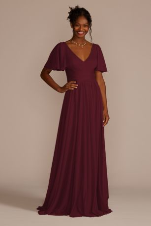 Celebrate DB Studio Flutter Sleeve Crisscross Mesh Dress in Wine Size: 12 David's Bridal