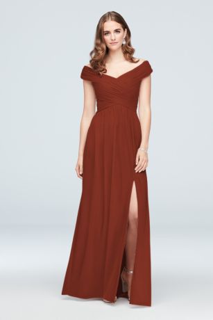 Celebrate DB Studio Off-The-Shoulder Mesh Tall Bridesmaid Dress in Cinnamon Size: 24 David's Bridal