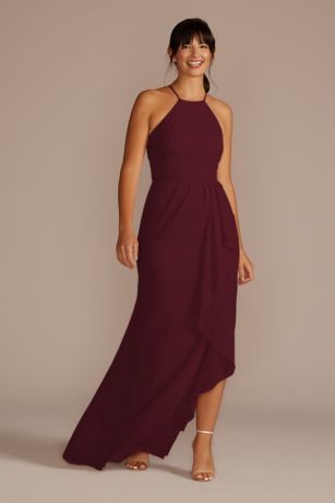 Celebrate DB Studio High-Neck Chiffon Dress With Cascade in Wine Size: 0 David's Bridal