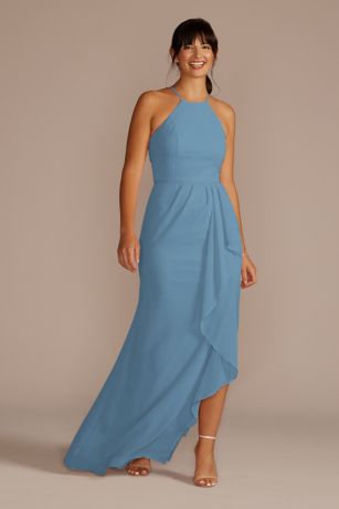Celebrate DB Studio High-Neck Chiffon Dress With Cascade in Lake Size: 2 David's Bridal