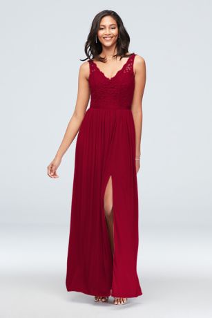 V-Neck Lace and Mesh Bridesmaid Dress 