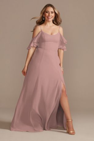 Celebrate DB Studio Cold-Shoulder Long Chiffon Dress in Quartz Size: 30 David's Bridal