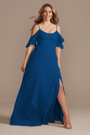 Celebrate DB Studio Cold-Shoulder Long Chiffon Dress in Sapphire Size: 0 David's Bridal