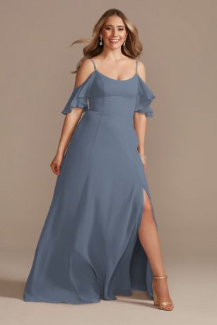 Celebrate DB Studio Cold-Shoulder Long Chiffon Dress in Steel Blue Size: 14 David's Bridal