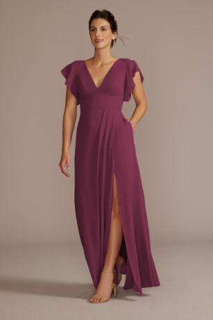 Celebrate DB Studio Flutter Sleeve Chiffon V-Neck Dress in Wine Size: 26 David's Bridal