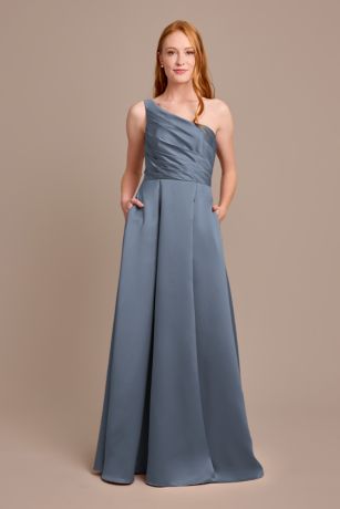 Celebrate DB Studio Satin One-Shoulder A-Line Pleated Dress in Steel Blue Size: 24 David's Bridal