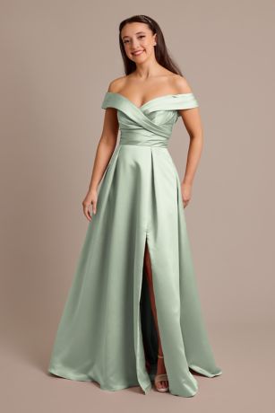 Celebrate DB Studio Satin Off-The-Shoulder Ball Gown Dress in Dusty Sage Size: 4 David's Bridal