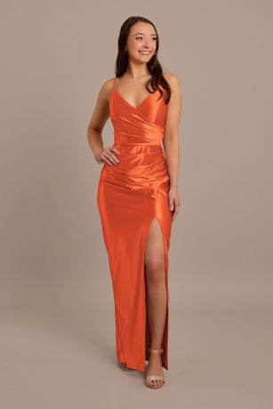 Picture of Celebrate DB Studio Sculpting Satin Spaghetti Strap Dress in Sunset Coral Size: 22 David's Bridal