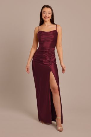 Celebrate DB Studio Sculpting Satin Cowl Neck Ruched Dress in Wine Size: 2 David's Bridal