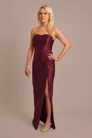 Celebrate DB Studio Sculpting Satin Sweetheart Ruched Dress in Wine Size: 10 David's Bridal