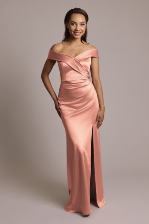 Celebrate DB Studio Sculpting Satin Cross-Front Dress in Desert Coral Size: 28 David's Bridal