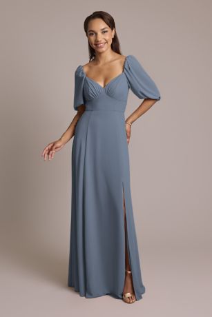 Celebrate DB Studio Chiffon Short Sleeve A-Line Dress in Steel Blue Size: 4 David's Bridal