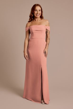 Celebrate DB Studio Chiffon Off-The-Shoulder Draped Dress in Ballet | Size: 6 | David's Bridal