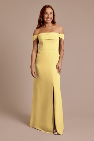 Celebrate DB Studio Chiffon Off-The-Shoulder Draped Dress in Pale Yellow | Size: 4 | David's Bridal