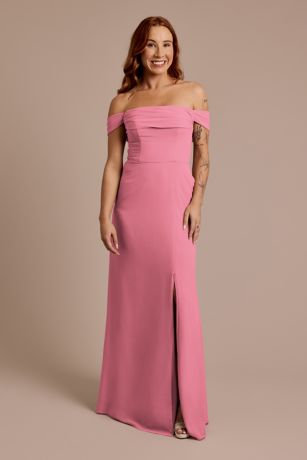 Celebrate DB Studio Chiffon Off-The-Shoulder Draped Dress in Rose Pink | Size: 16 | David's Bridal