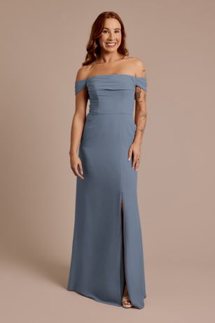 Celebrate DB Studio Chiffon Off-The-Shoulder Draped Dress in Steel Blue | Size: 14 | David's Bridal