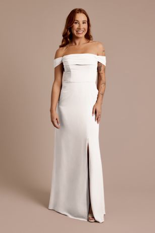 Celebrate DB Studio Chiffon Off-The-Shoulder Draped Dress in Pastel Pink | Size: 14 | David's Bridal