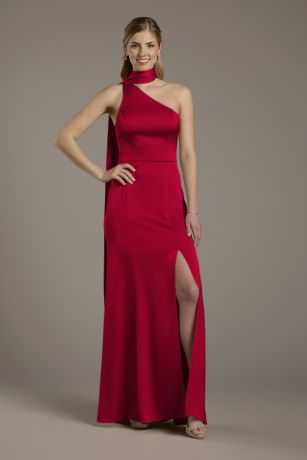 Picture of Matte Satin One-Shoulder A-Line Dress with Scarf