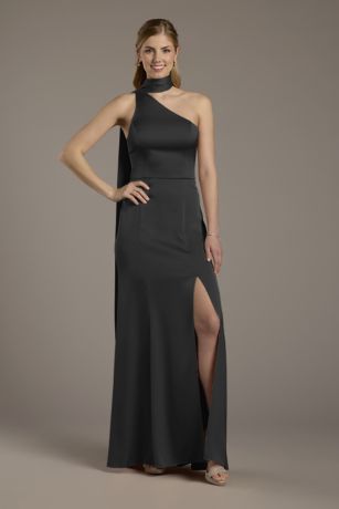 Picture of Matte Satin One-Shoulder A-Line Dress with Scarf