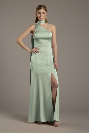 Picture of Matte Satin One-Shoulder A-Line Dress with Scarf