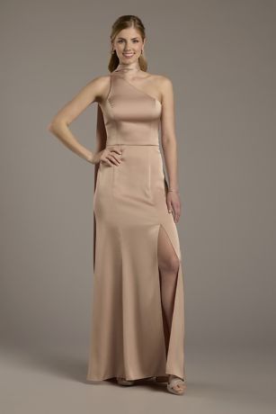 Picture of Matte Satin One-Shoulder A-Line Dress with Scarf