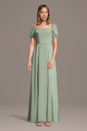Picture of Matte Satin Square Neck Billow Sleeve A-Line Dress
