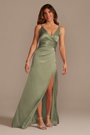 Picture of Galina Signature Tall Charmeuse Draped Strappy Dress in Eucalyptus Size: 10 David's Bridal