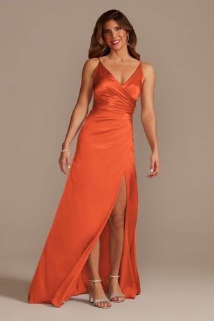 Picture of Galina Signature Tall Charmeuse Draped Strappy Dress in Sunset Coral Size: 2 David's Bridal