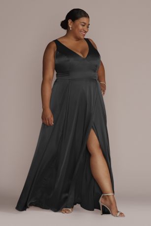 Picture of Galina Signature Tall Charmeuse Tank V-Neck Dress in Black Size: 8 David's Bridal