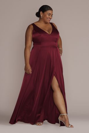 Galina Signature Charmeuse Tank V-Neck Dress With Slit in Wine Size: 24 David's Bridal