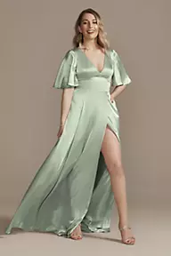 Galina Signature Charmeuse Flutter-Sleeve A-Line Dress