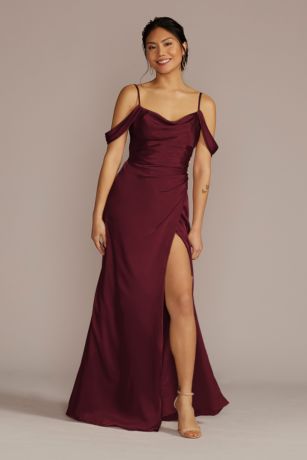 charmeuse cowl bridesmaid dress with swag sleeves Burgundy Lace Satin Maxi Dress – self-portrait-US main image 0