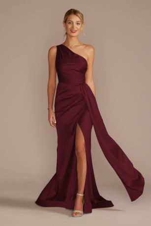 Galina Signature One-Shoulder Stretch Satin Dress in Wine Size: 6 David's Bridal