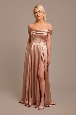 chinese dress ladies Silver Silky Satin Cowl Neck A-Line Bridesmaid Formal Dress