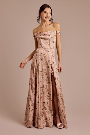 Picture of Floral Charmeuse Cowl Off-the-Shoulder Dress