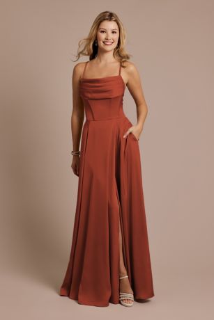Picture of Matte Satin Cowl Neck Spaghetti Strap A-Line Dress